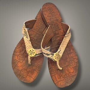 Sz 10.5 TORY BURCH Thora Snake Print Brown Leather Women's Flip Flop Sandals EUC
